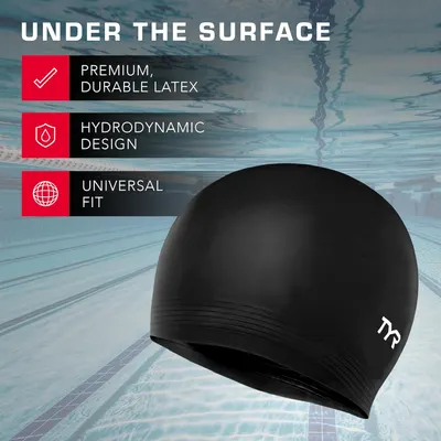 Highlights multiple key features of the swim cap to demonstrate its quality and performance benefits for swimmers.