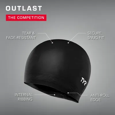 Highlights key features of the swim cap to demonstrate its durability and superior fit compared to competitors. Emphasizes the product's superiority over competing swim caps in terms of longevity…
