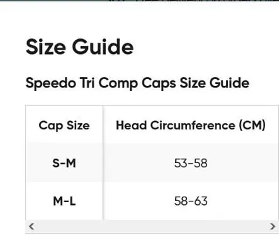 Provides a clear size guide for Speedo Tri Comp Caps, helping customers choose the correct cap size based on head circumference.