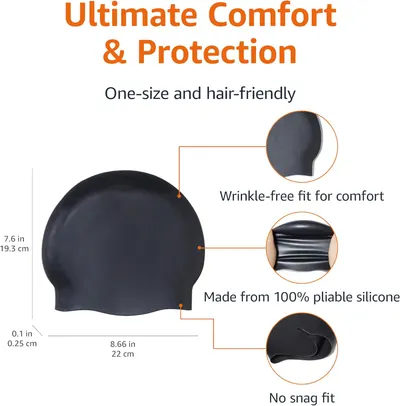 Highlights the product's comfortable and protective design features to reassure swimmers about its fit and functionality.