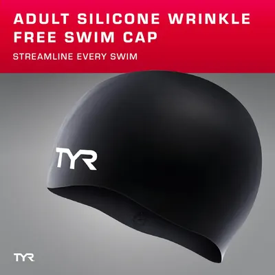 Highlights the swim cap's wrinkle-free silicone material to emphasize its streamlined performance for swimmers.