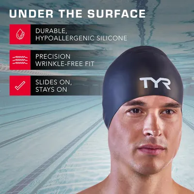 Highlights multiple key features of the swim cap to demonstrate its quality and effectiveness for swimmers.