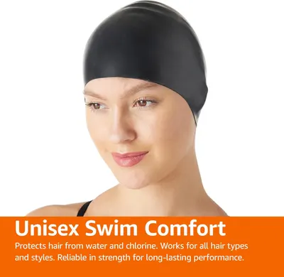 Highlights the swim cap's ability to protect hair from water and chlorine for all hair types, emphasizing comfort and durability.