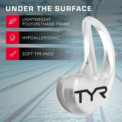 Highlights multiple key features of the nose clip to demonstrate its comfort and suitability for swimming.