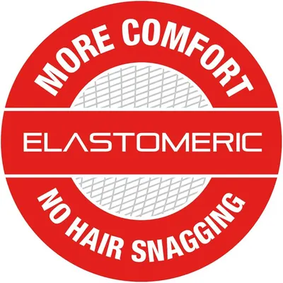 Highlights the product's elastomeric material feature, emphasizing increased comfort and prevention of hair snagging.