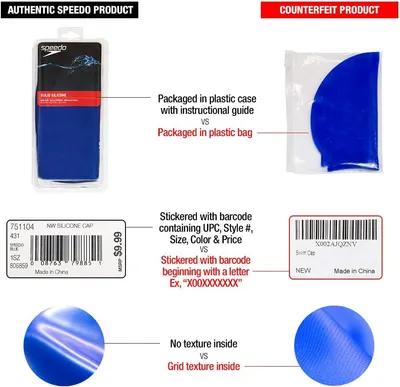 Educates customers on how to identify genuine Speedo products versus counterfeit versions, highlighting key differences in packaging, labeling, and product features.