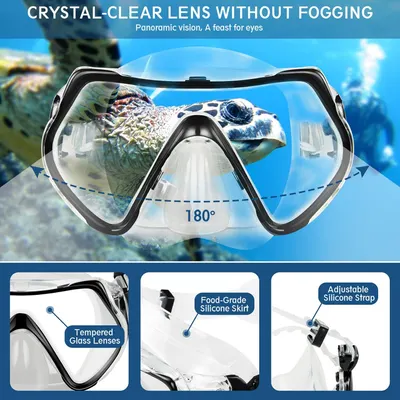 Highlights the crystal-clear, anti-fogging lens feature to reassure customers of excellent underwater visibility. Showcases key features of the diving mask including the wide-angle lens, silicone…