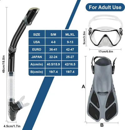 Provides detailed sizing information for the snorkeling gear to help customers choose the right fit. Shows all the components included in the snorkeling set, giving customers a clear view of what…