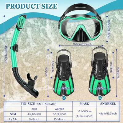 Provides exact measurements of the snorkeling gear to help customers choose the right size and understand the product's proportions.