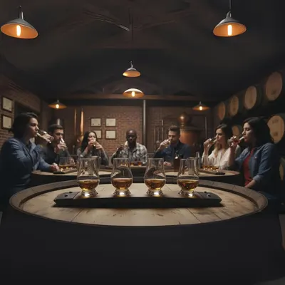 Showcases the product being enjoyed in a social setting, emphasizing the premium and communal nature of the whiskey tasting experience.