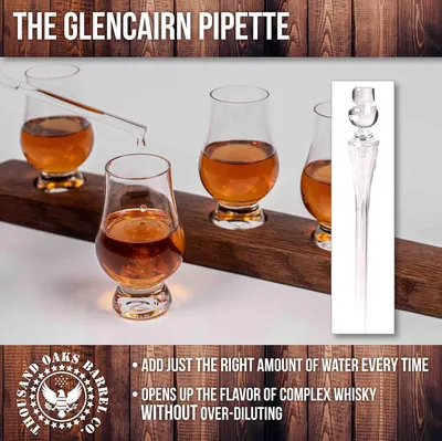 Demonstrates how the Glencairn pipette allows for precise addition of water to whisky, enhancing flavor without over-diluting.