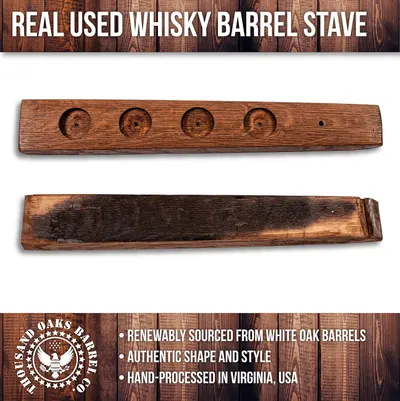 Showcases the actual product - a genuine used whisky barrel stave - to highlight its authenticity and craftsmanship. Highlights multiple key features of the product to emphasize its quality,…
