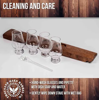 Provides clear instructions on how to properly clean and care for the glassware set and wooden stave.