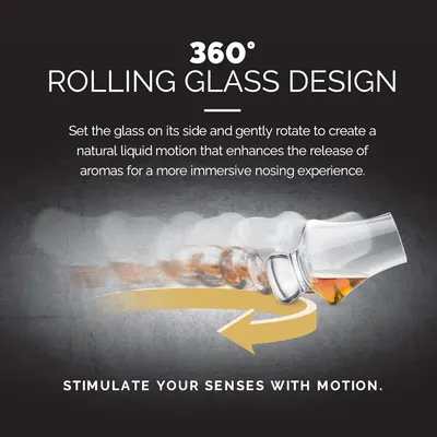 Highlights the unique rolling design of the glass that enhances aroma release and the nosing experience for spirits.