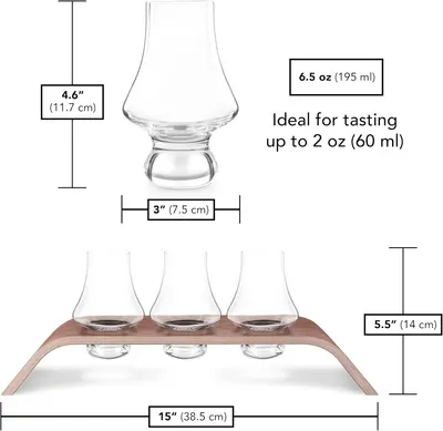 Provides exact measurements of the glassware to help customers understand its size and capacity for tasting. Shows the complete set of glassware and wooden stand included in the purchase, giving…