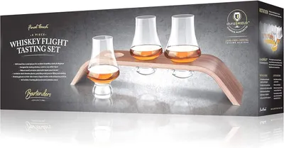 Shows the complete set of glassware and wooden stand included in the whiskey tasting set, highlighting the premium quality and design of the product.