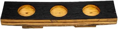 Showcases the product design and capacity, highlighting its ability to hold three candles in a rustic wooden base.