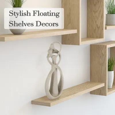 Showcases how the floating shelves can be used to create a stylish and organized living space with decorative items.