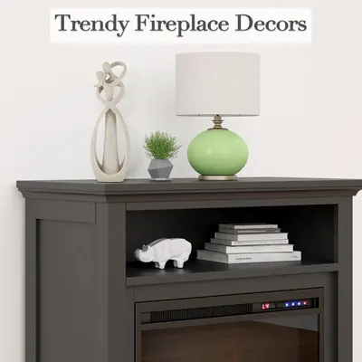 Showcases trendy decorative items to style a fireplace mantel or electric fireplace unit, inspiring customers with modern decor options.