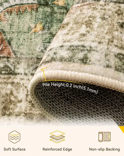 Highlights multiple quality features of the rug to demonstrate its comfort, durability, and safety.