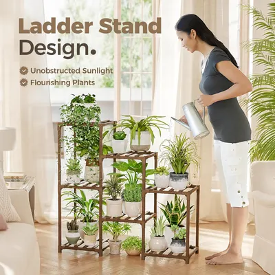 Highlights the unique ladder stand design that allows for unobstructed sunlight and flourishing plants, promoting better plant growth and aesthetics.