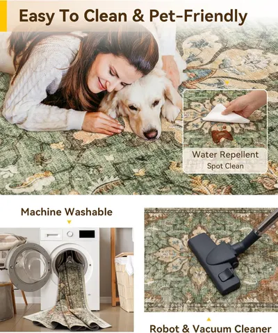 Highlights multiple features that make the rug easy to maintain and suitable for homes with pets, reassuring potential buyers about its practicality and durability.