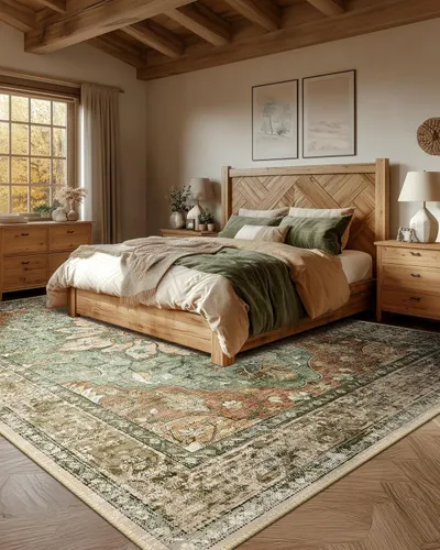 Showcases the product (likely bedroom furniture) in a real-world, cozy rustic bedroom setting to help shoppers envision how it would look in their own home.