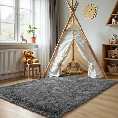 Showcases the product (likely a rug) in a real-world children's room setting to help shoppers visualize how it would look and function in their own space.