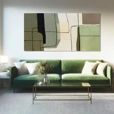 Showcases how the abstract artwork complements a contemporary living room design, inspiring customers to envision the product in their own homes.