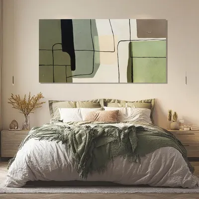 Shows how the abstract art piece complements and enhances a modern, neutral-toned bedroom setting.