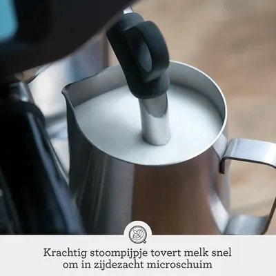 Highlights the product's powerful steam wand feature for quickly frothing milk into silky microfoam.