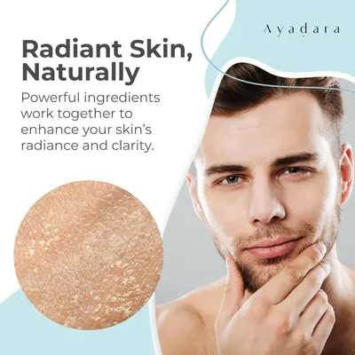 Highlights the product's ability to enhance skin radiance and clarity using natural ingredients.