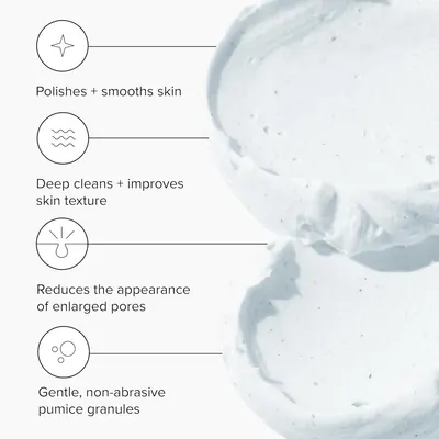Highlights multiple skincare benefits of the product, including smoothing, deep cleaning, pore reduction, and gentle exfoliation.