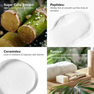 Highlights multiple skincare benefits from different ingredients to show the product's comprehensive approach to skin improvement.