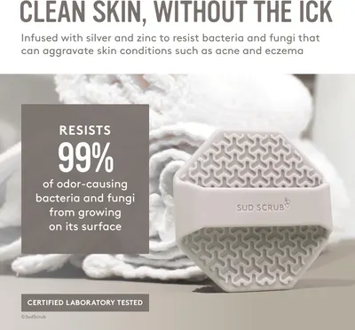 Highlights multiple benefits of the product: its ability to resist bacteria and fungi, prevent odors, and be gentle on skin conditions. Provides a specific, quantifiable benefit to build trust in…