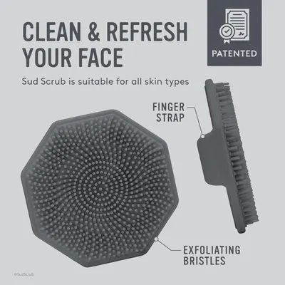 Highlights the key features of the Sud Scrub face cleaning tool, showing its exfoliating bristles and finger strap design for easy use. Emphasizes that the Sud Scrub is versatile and can be used by…
