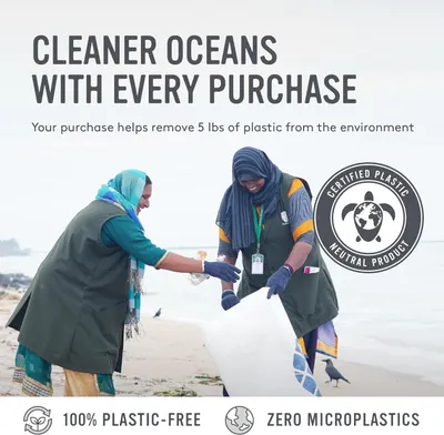 Highlights the product's environmental benefits, including ocean cleanup efforts and plastic-free composition, to appeal to eco-conscious consumers.