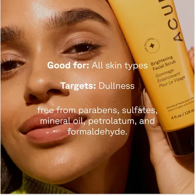Highlights that the facial scrub is suitable for all skin types and targets skin dullness, while emphasizing its clean ingredient formulation.