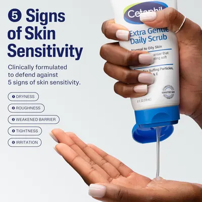 Highlights the product's ability to address multiple signs of skin sensitivity while providing gentle daily exfoliation for sensitive skin.
