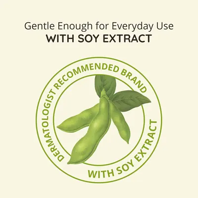 Highlights the product's gentle formulation with soy extract, emphasizing its suitability for everyday use and dermatologist recommendation.