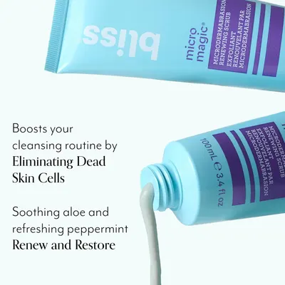 Highlights multiple benefits of the product: its ability to eliminate dead skin cells and its soothing ingredients, emphasizing how it enhances the user's cleansing routine.
