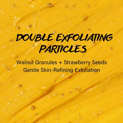 Highlights the product's unique exfoliating feature using two natural ingredients for gentle skin refinement.