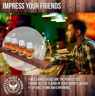 Showcases how the product can be used to impress friends and create a top-shelf home bar experience. Highlights that the Wee Cairn glasses are the ideal size for bringing out whisky flavors.