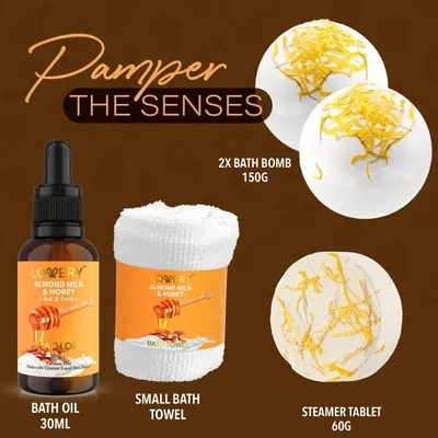 Shows all the items included in the bath set, highlighting the variety and value of the product bundle. Emphasizes the brand's focus on pampering and indulgence, appealing to customers seeking a…