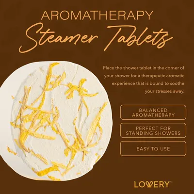 Explains how to use the aromatherapy steamer tablets in the shower for a therapeutic experience. Highlights the stress-relieving benefit of using the aromatherapy steamer tablets in the shower.