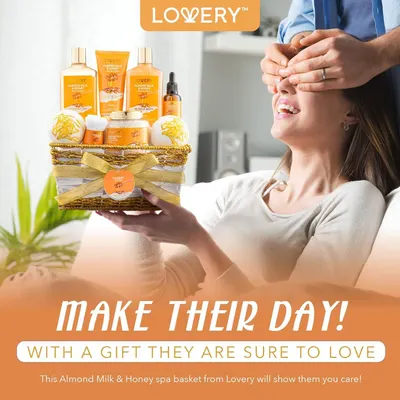 Promotes the product as an ideal gift to show care and make someone's day special. Showcases the complete set of products included in the gift basket to highlight its value and variety.