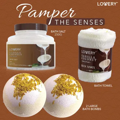 Shows all the items included in the bath set, highlighting the variety of products for a pampering experience. Demonstrates the different bath products that can be used together for a luxurious,…