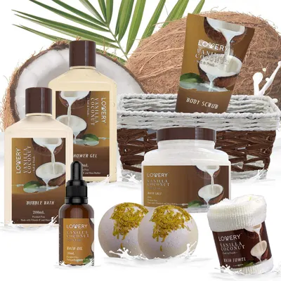 Shows all the products included in the Vanilla Coconut bath and body gift set, highlighting the variety and value for the customer.