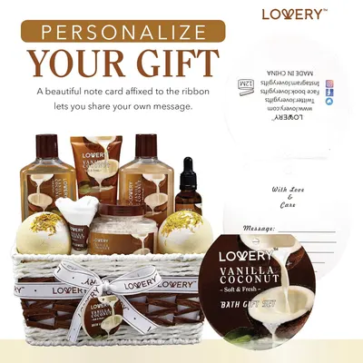Shows all the items included in the Vanilla Coconut bath gift set, highlighting the variety and value of the package. Emphasizes the ability to personalize the gift with a custom message, adding a…