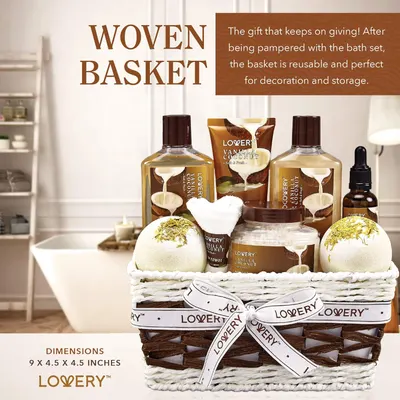 Shows all items included in the gift set and highlights the reusable woven basket as an added value. Showcases the variety of bath products included and emphasizes the dual-purpose nature of the…